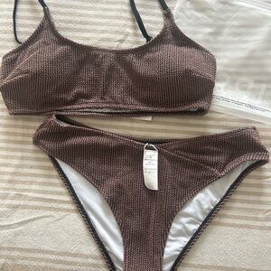 Cupshe Brown Ribbed Bikini Set with Sports Bra Top